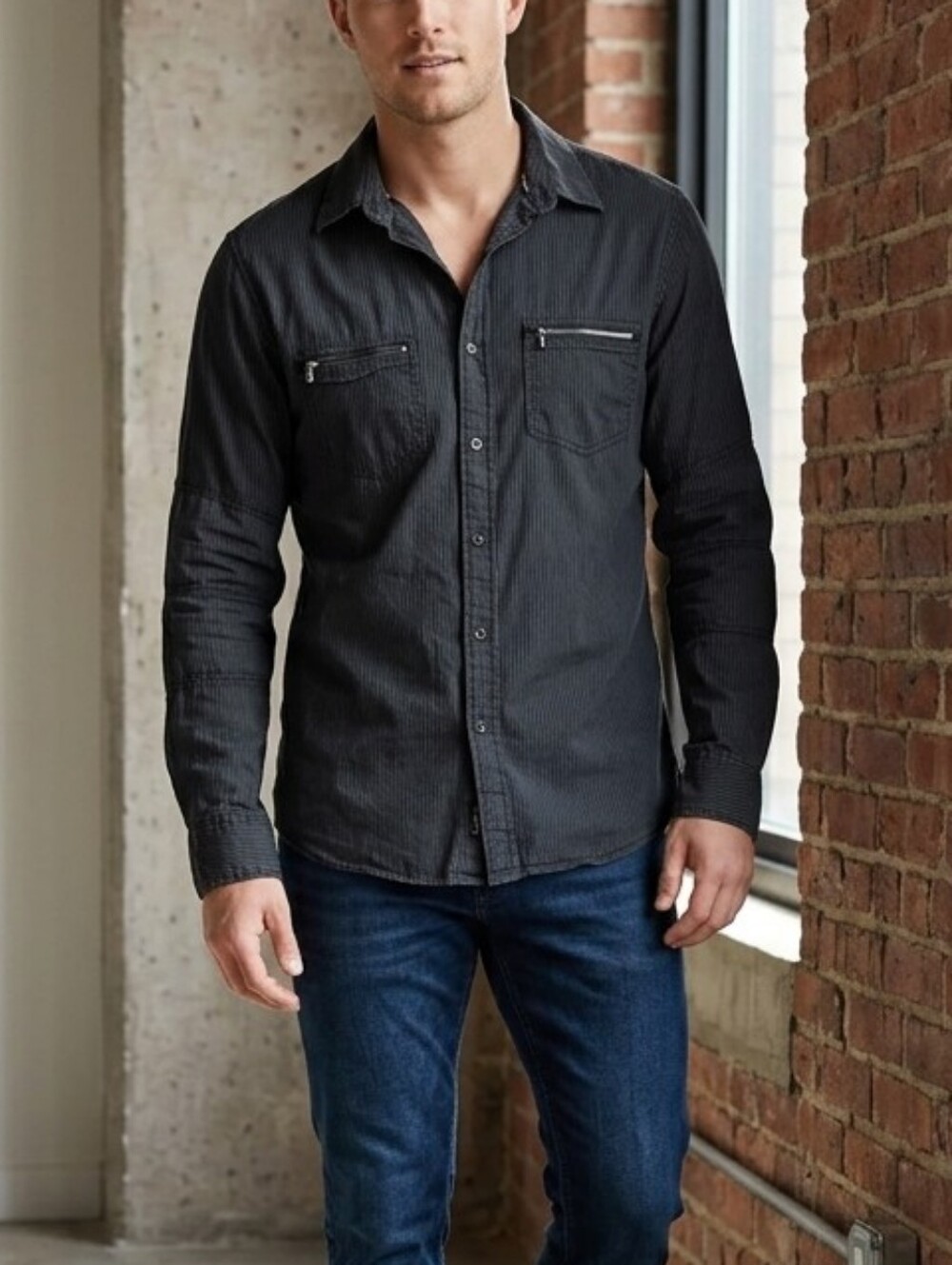 Rock & Republic Men's Striped Dark Gray Button Shirt